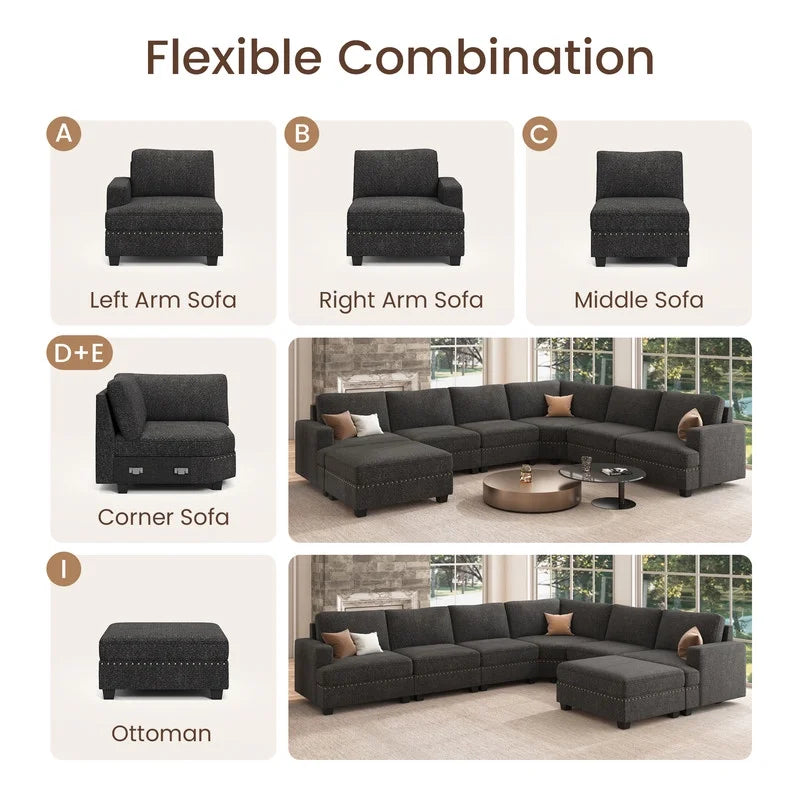 Dark Grey U Shaped Modular Sectional Sofa with Storage Ottoman N4942