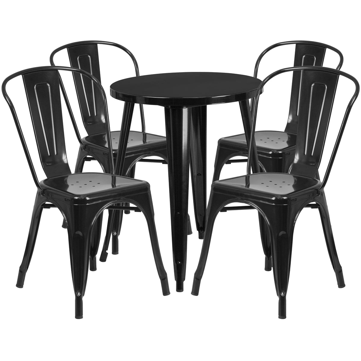 24" Round Black Metal Indoor-Outdoor Table Set with 4 Cafe Chairs V6613