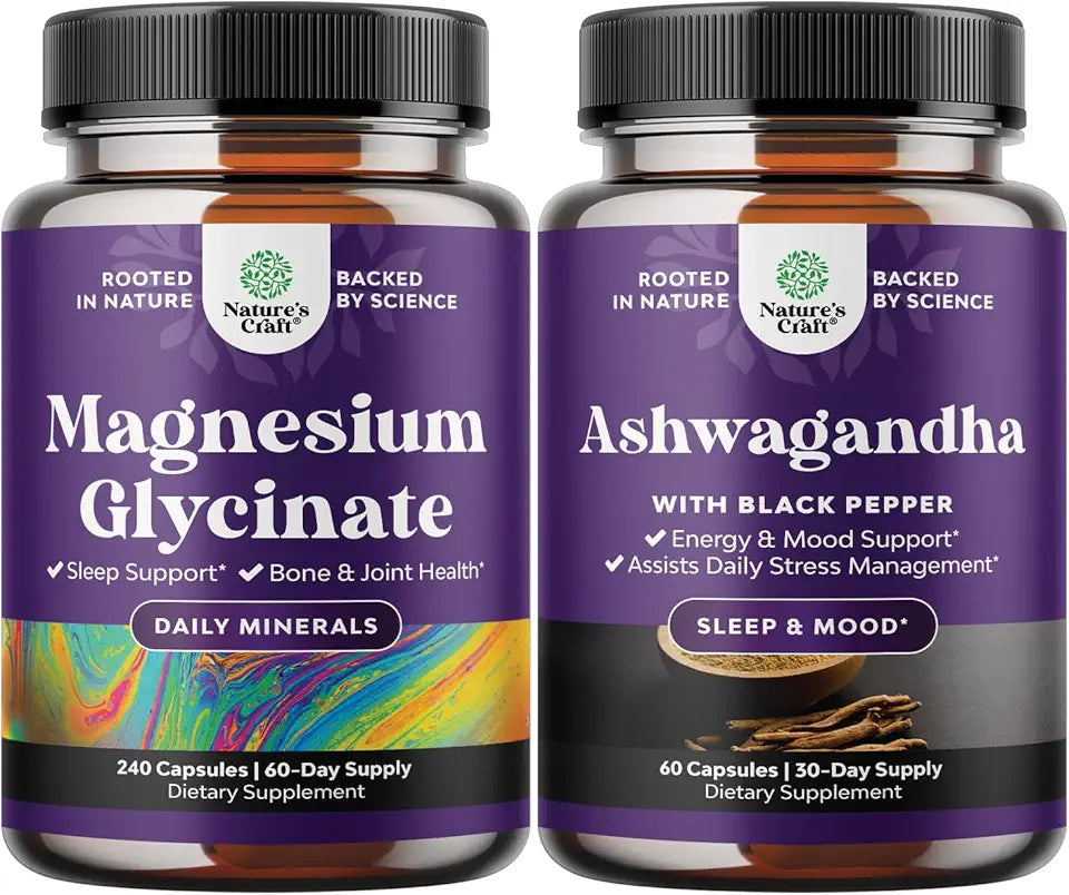 Pure Magnesium Glycinate 400mg and Ashwagandha Root Powder Supplement Capsules 240ct G643