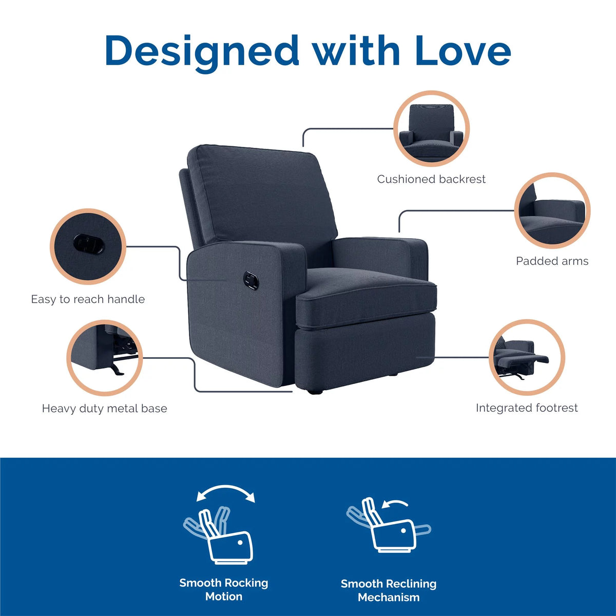 Navy Chenille Rocker Recliner Chair Q5835