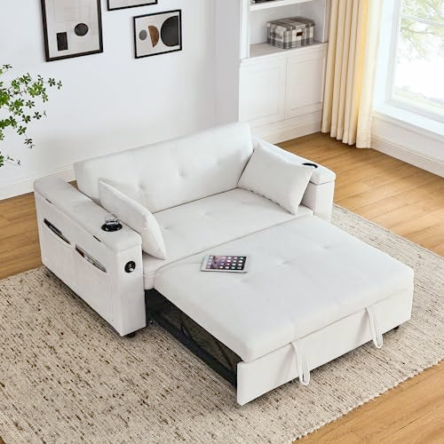 White Chenille 2-Seater Convertible Sofa Bed with USB Power Outlet U78065