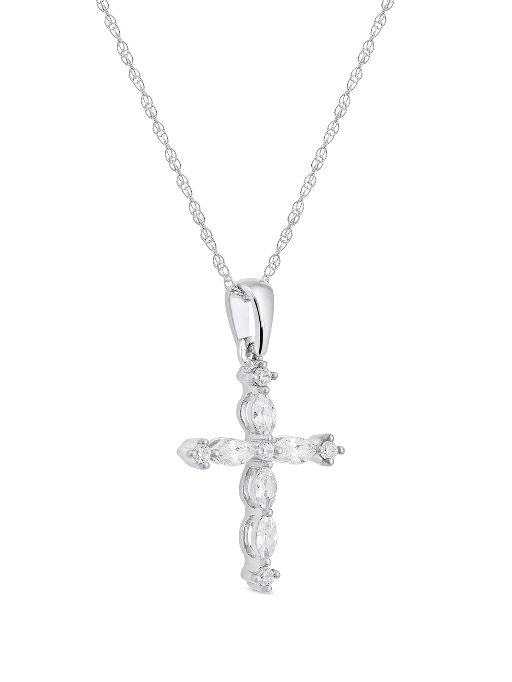 10K White Gold Marquise and Round Diamond Cross Pendant Necklace O5565