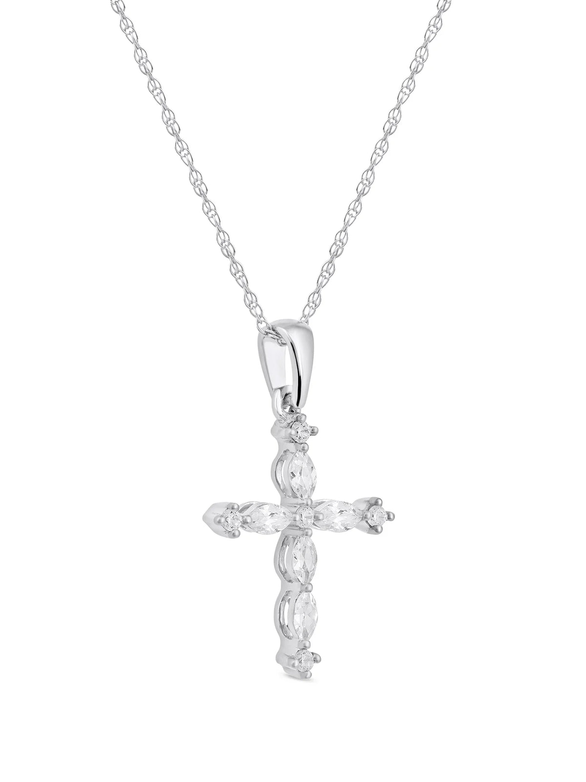 10K White Gold Marquise and Round Diamond Cross Pendant Necklace O5565