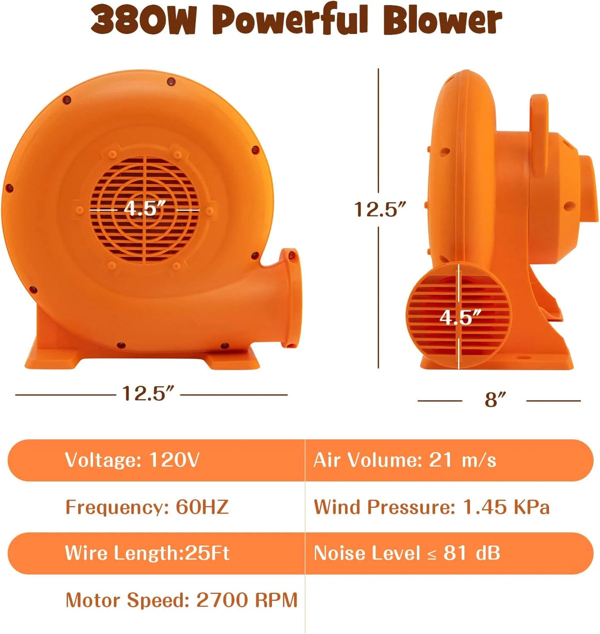 380W 0.5HP Air Blower with 25 FT SJTW Wire, IPX4, GFCI Plug W8244