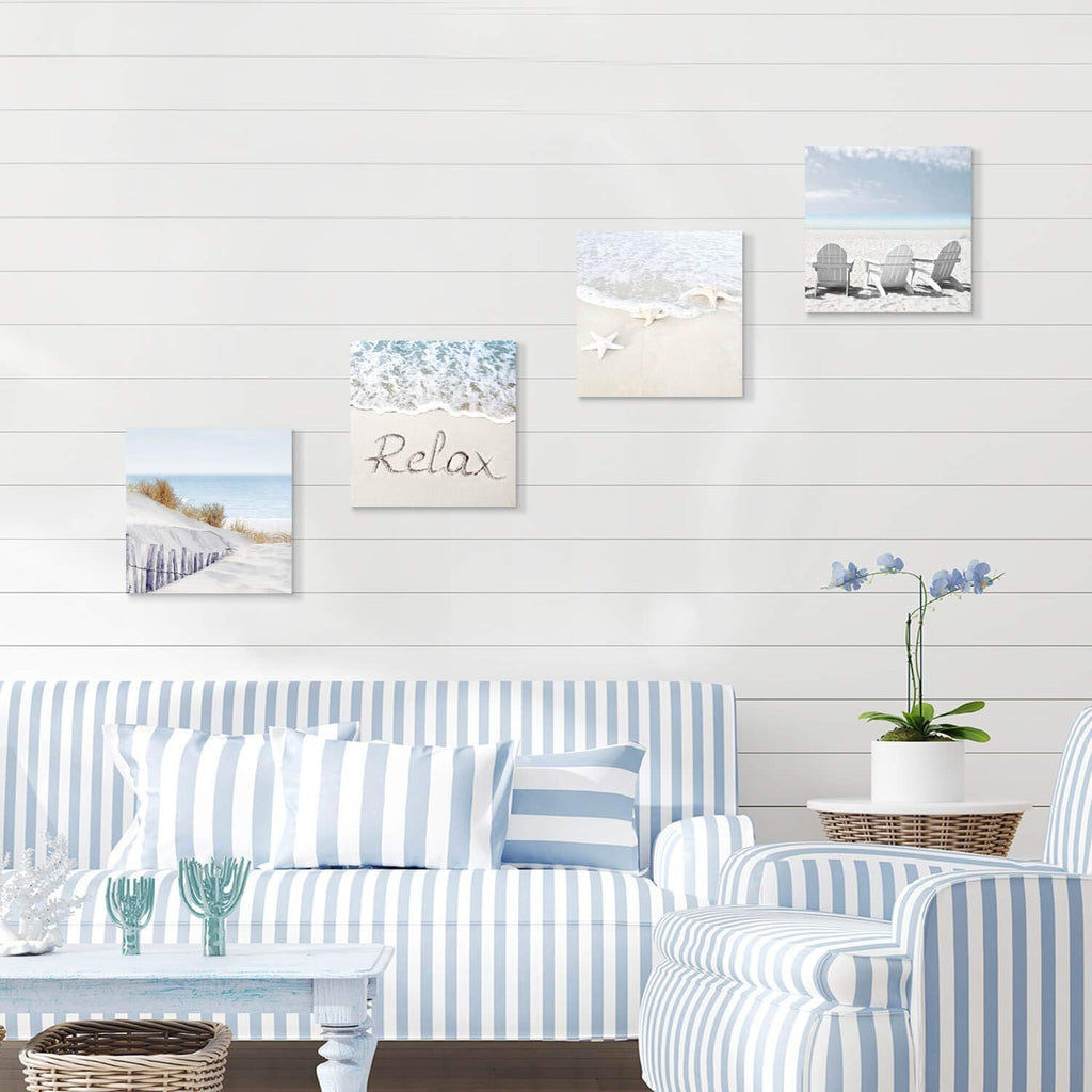 Beach Wall Art Starfish Chairs on Sand Canvas 12” x 12'' 4 Panels O4392