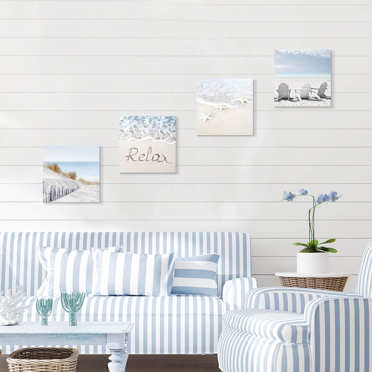 Beach Wall Art Starfish Chairs on Sand Canvas 12” x 12'' 4 Panels O4392