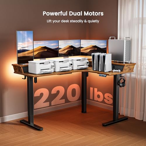 Electric L Shaped Standing Desk, 65'' Height Adjustable Corner Desk with Storage Drawers, Black S93572