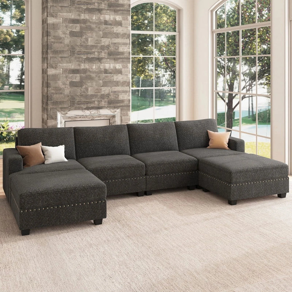 Dark Grey U Shaped Modular Sectional Sofa with Storage Ottoman N4942