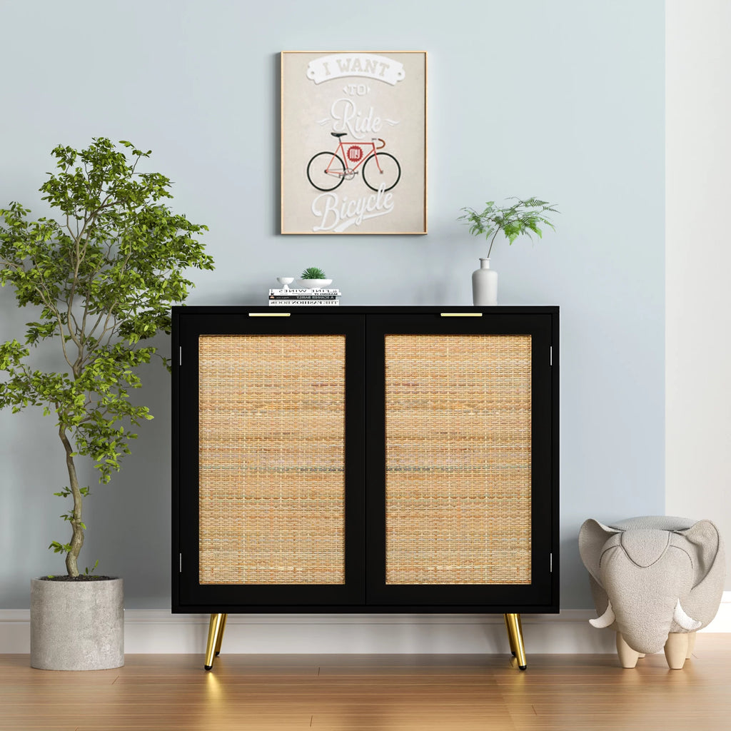 Black 2 Rattan Door Accent Cabinet S960066
