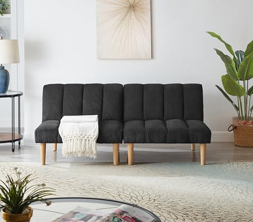 Blue Corduroy Convertible Futon Sofa Bed with Wooden Legs B3445