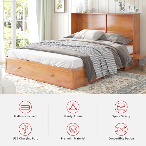 Queen Size Murphy Bed with Charging Station, Folding Foam Mattress (Cherry) U8446