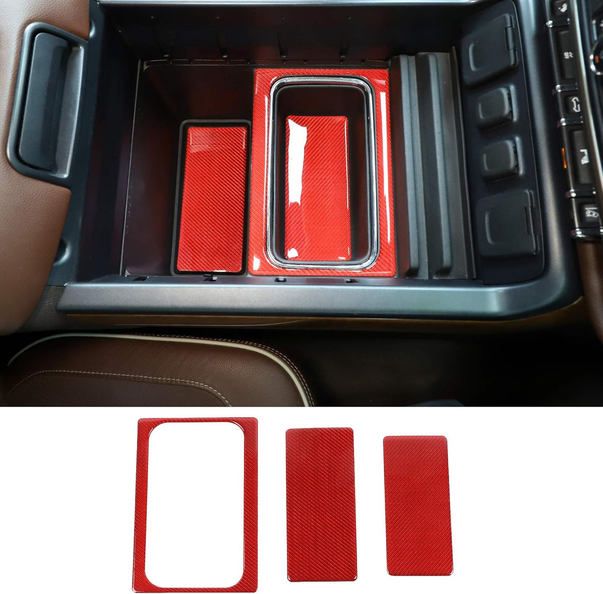 Center Console Storage Trim Cover for Chevy Silverado GMC Sierra 2014-2018 Soft Red Carbon Fiber ABS A110