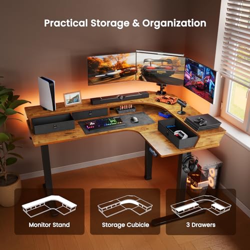 Electric L Shaped Standing Desk, 65'' Height Adjustable Corner Desk with Storage Drawers, Black S93572