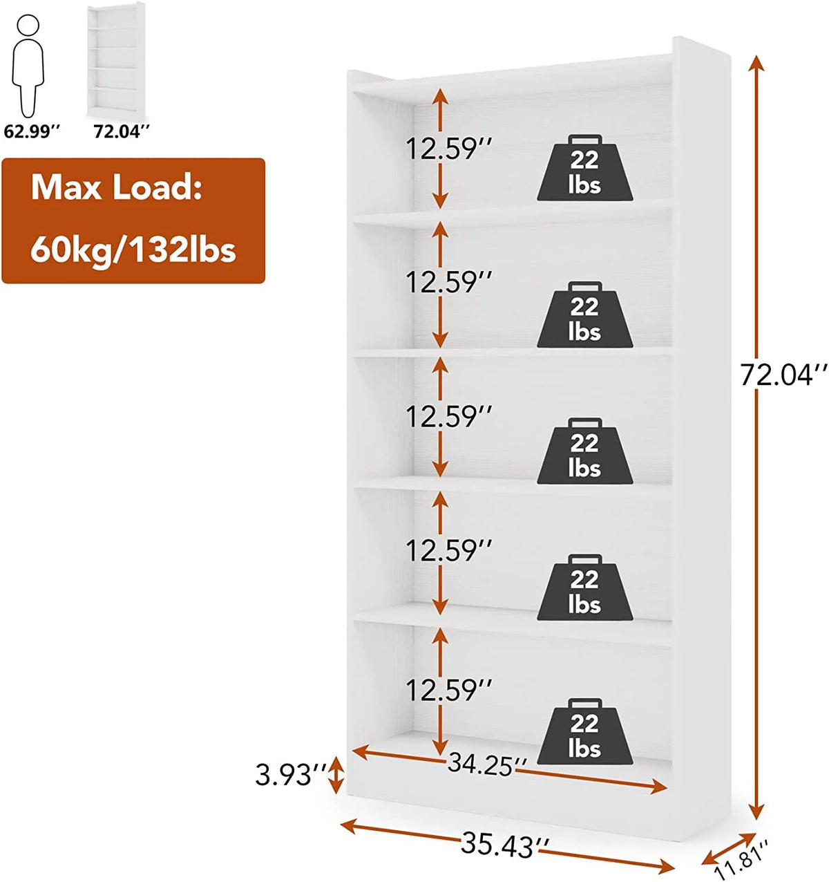 6-Tier White Bookcase J831