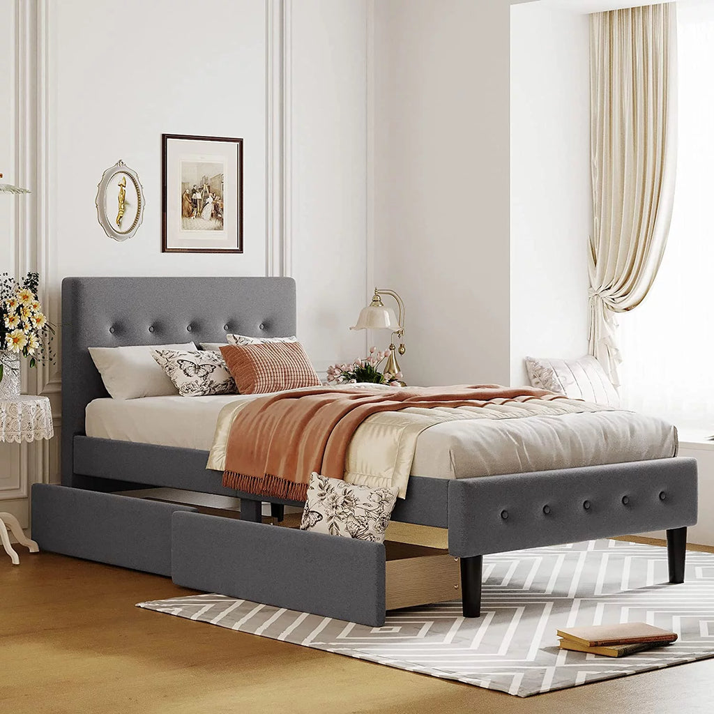 Beige Twin Size Upholstered Bed Frame with Headboard and Storage Underneath V9804