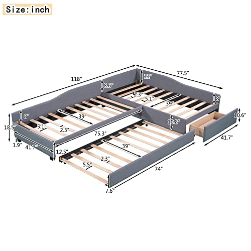 L Shaped Upholstered Double Size Daybed with Trundle and Storage Drawer, Gray R511210
