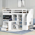 White Solid Wood Loft Bed with Stairs Desk Storage Shelves and Blackboard K675
