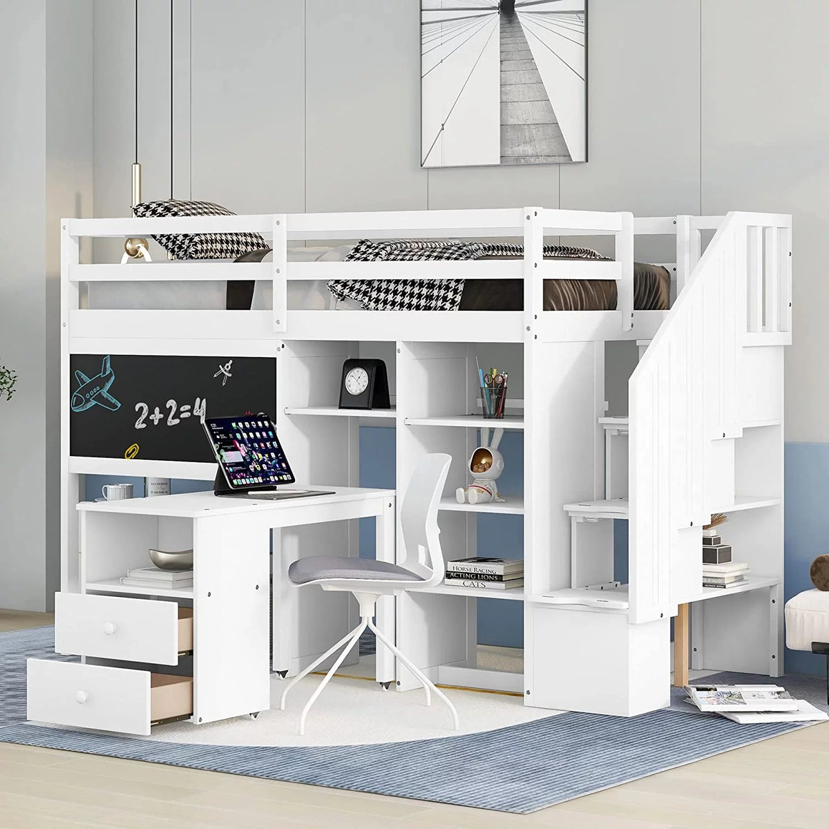 White Solid Wood Loft Bed with Stairs Desk Storage Shelves and Blackboard K675