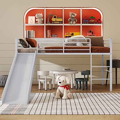White Twin Metal Loft Bed with Slide and Guardrails O272