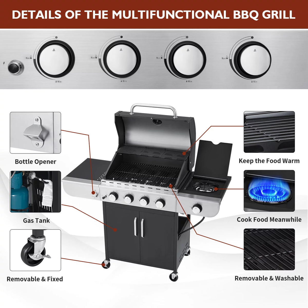 3 Burner Propane Gas Grill with Side Table F6733