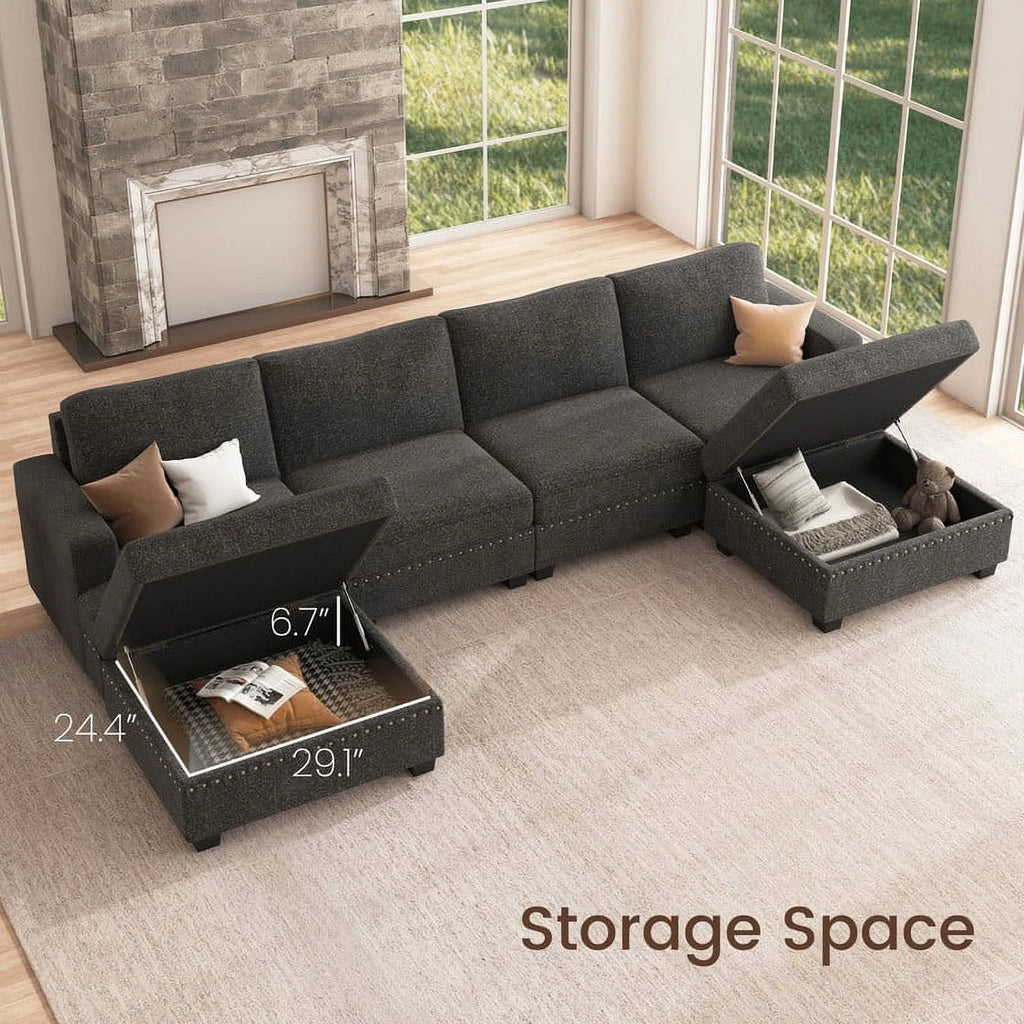 Dark Grey U Shaped Modular Sectional Sofa with Storage Ottoman N4942