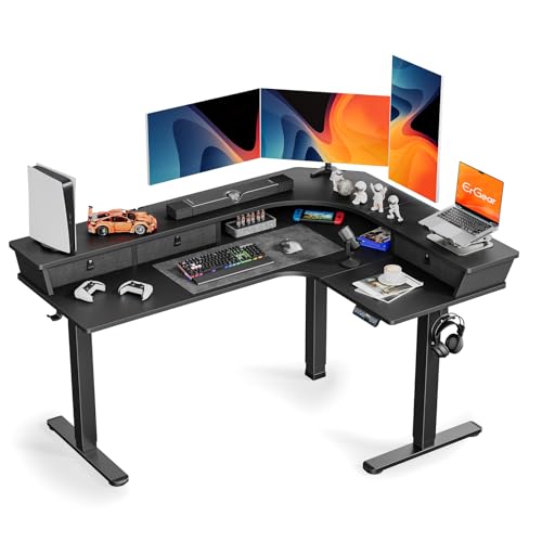 Electric L Shaped Standing Desk, 65'' Height Adjustable Corner Desk with Storage Drawers, Black S93572
