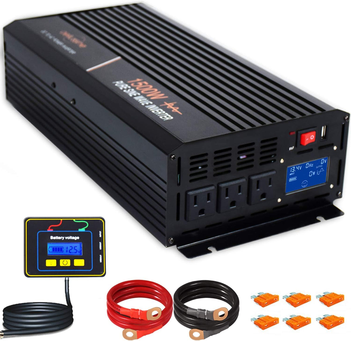 1500 Watt Pure Sine Wave Power Inverter 12V DC to AC 110V 120V with LCD Display Remote Switch N557