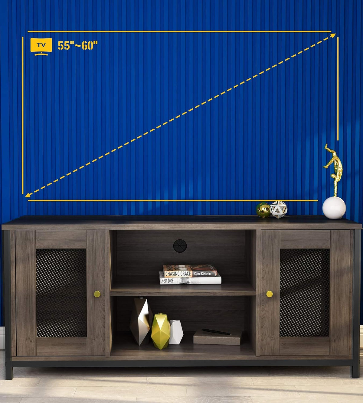 Entertainment Center Stand with Storage, Sturdy Metal Frame, Brown Walnut T9342