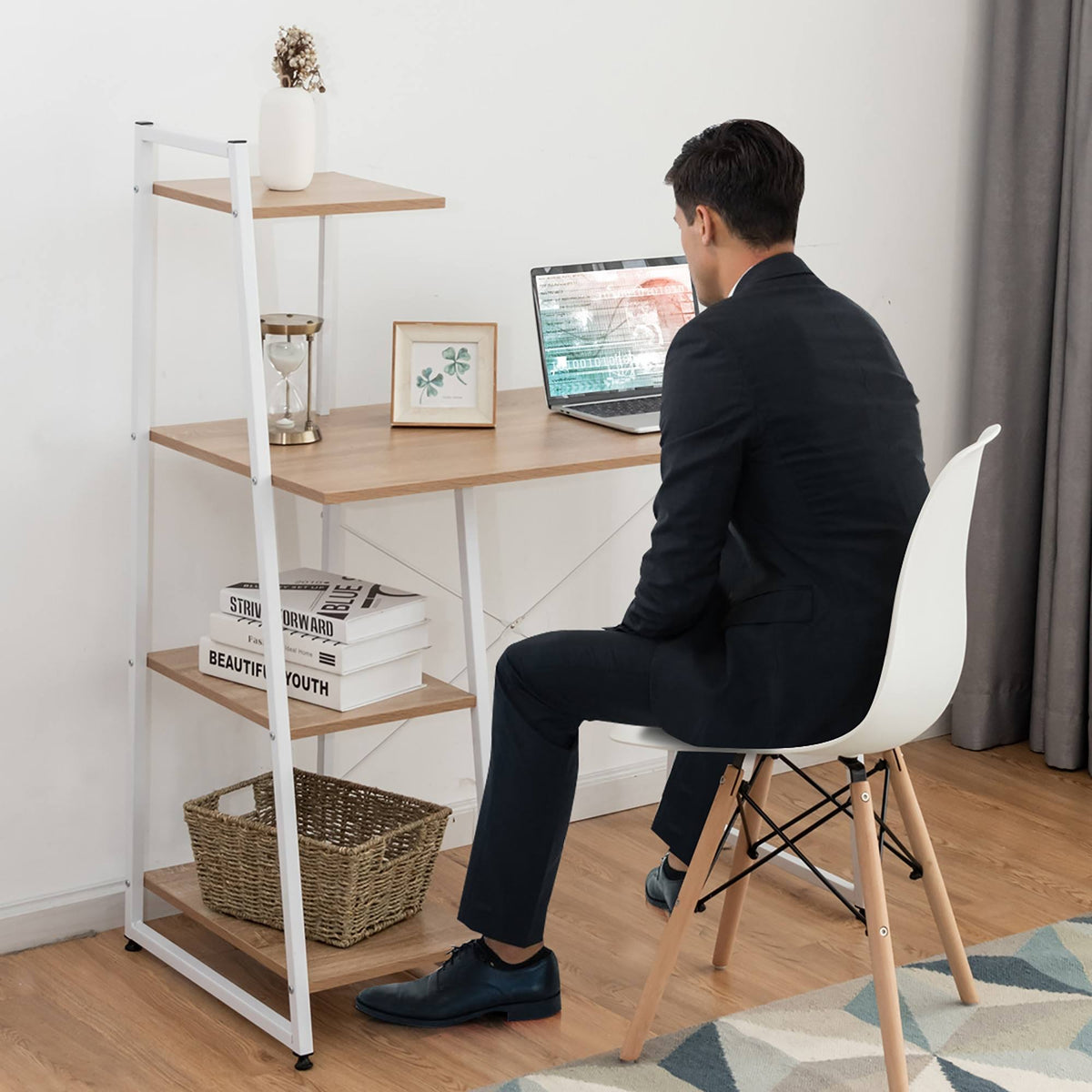 Natural Computer Desk with Shelves P7606