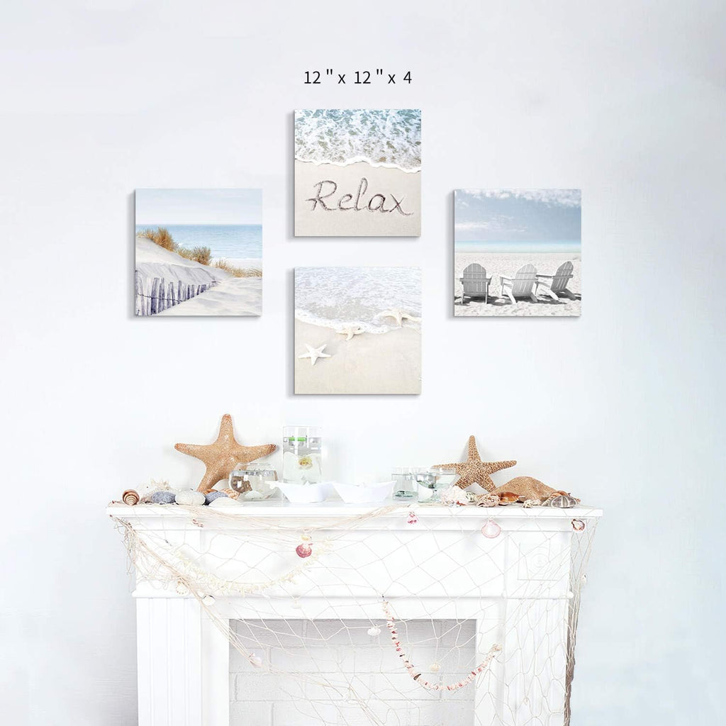 Beach Wall Art Starfish Chairs on Sand Canvas 12” x 12'' 4 Panels O4392