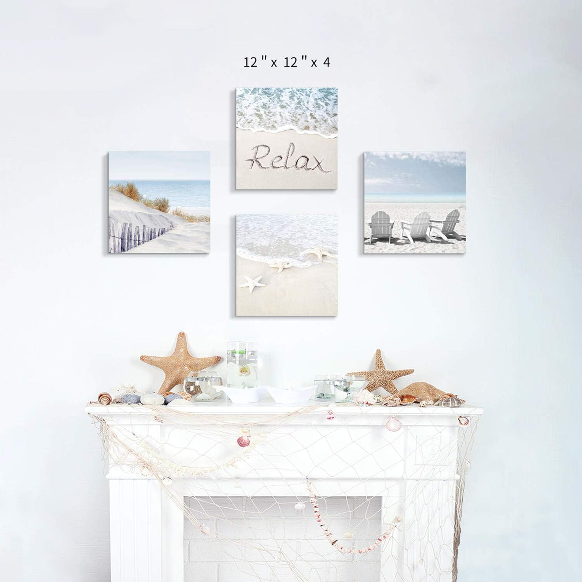 Beach Wall Art Starfish Chairs on Sand Canvas 12” x 12'' 4 Panels O4392
