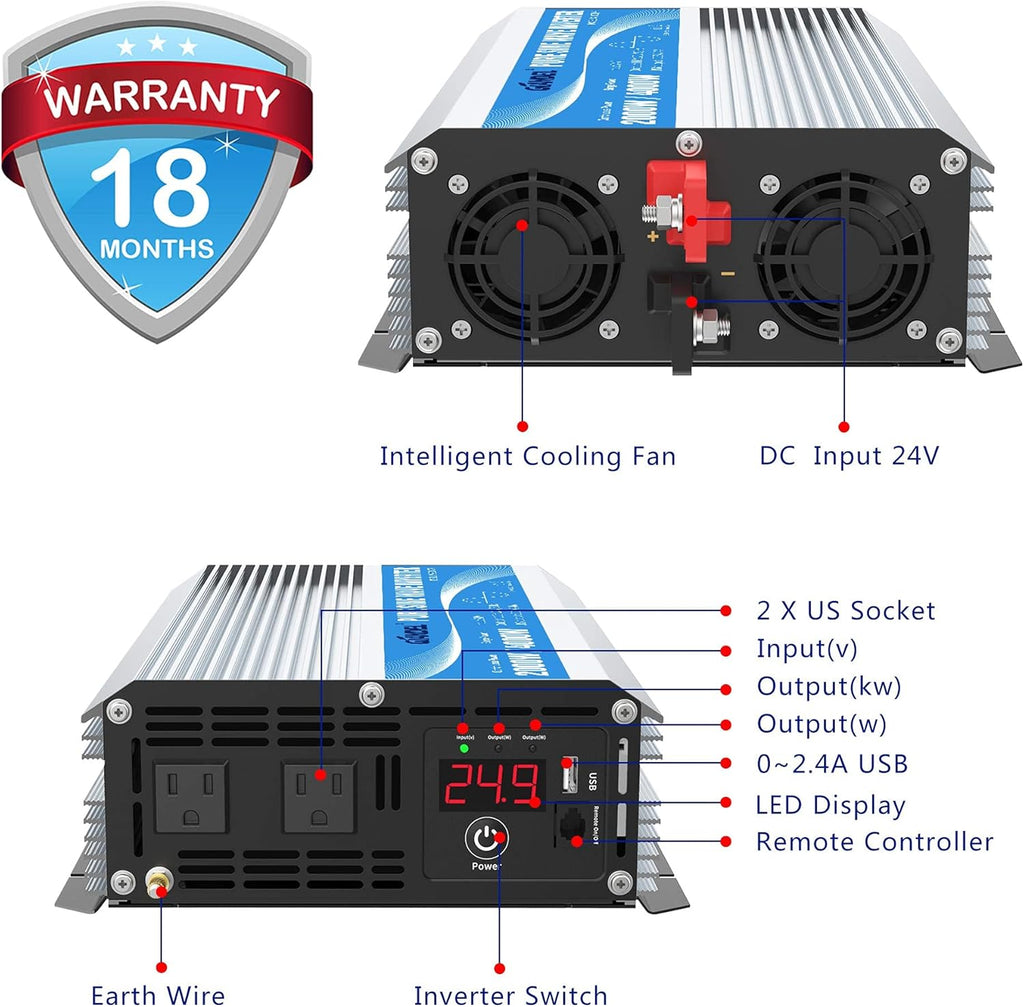 24 Volt 2000W Pure Sine Wave Power Inverter DC 24V to AC120V with Dual AC Outlets Remote Control 2.4A USB LED Display B502450