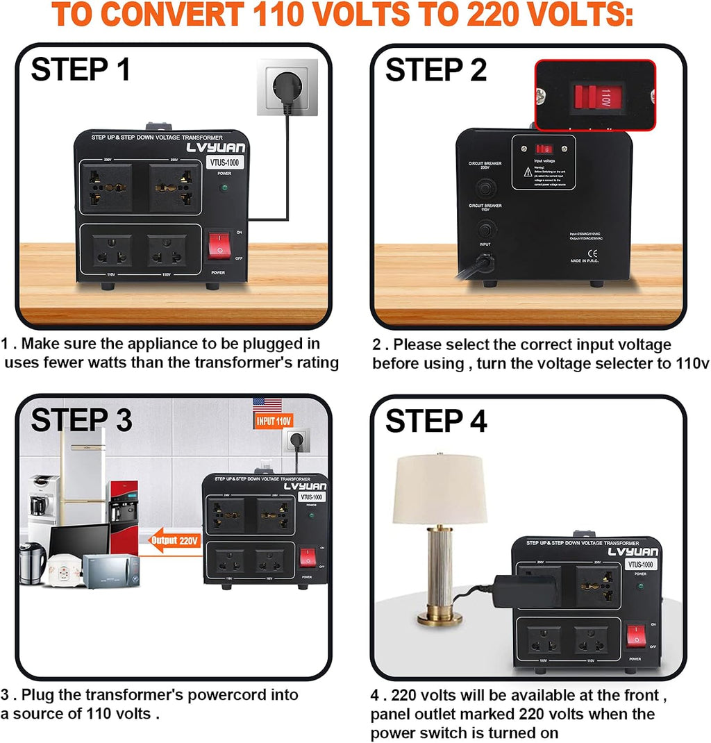 Voltage Transformer Converter 1000 Watt Step Up/Down 110-120 Volt to 220-240 Volt with 2 US outlets, 2 Universal outlets, Circuit Breaker Pack of 2 R180372