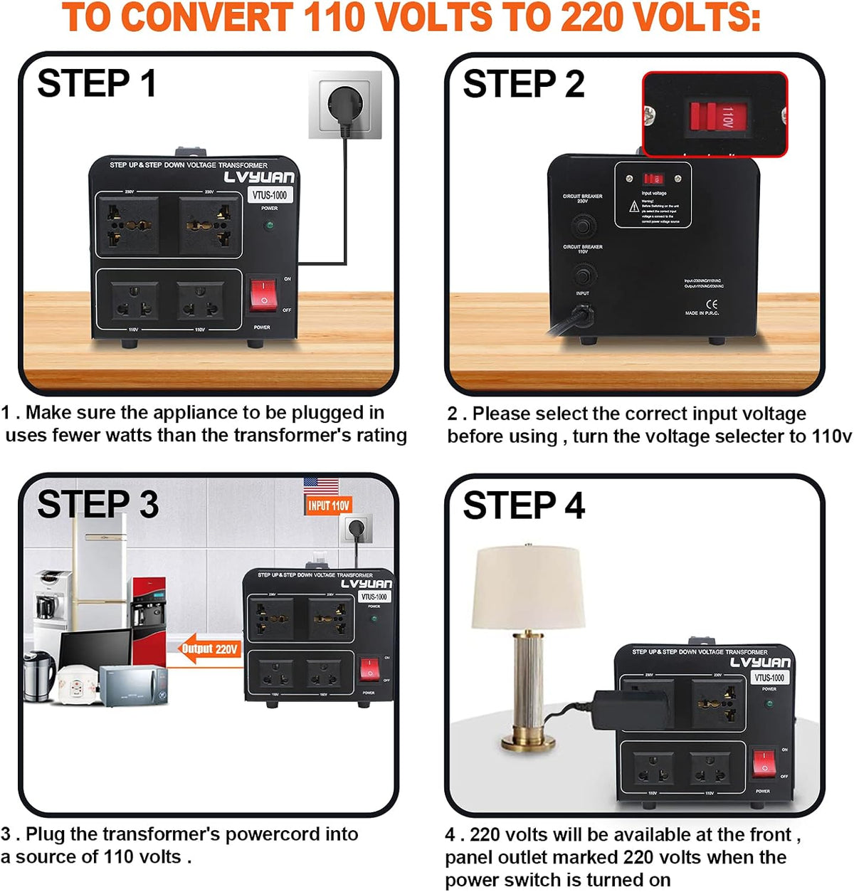 Voltage Transformer Converter 1000 Watt Step Up/Down 110-120 Volt to 220-240 Volt with 2 US outlets, 2 Universal outlets, Circuit Breaker Pack of 2 R180372