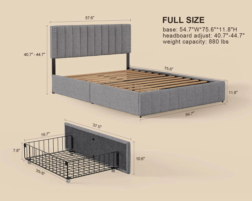 Light Grey Full Size Bed Frame with Storage Drawers R88668