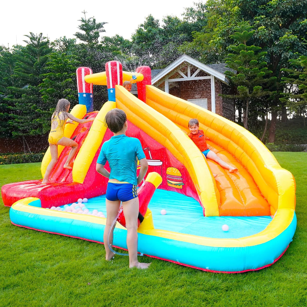 Inflatable Water Slide Splash Toy with Climbing Wall, Splash Pool, Water Cannon, Blower, Sprinkler, Stakes, Repair Patches, Storage Bag I4709