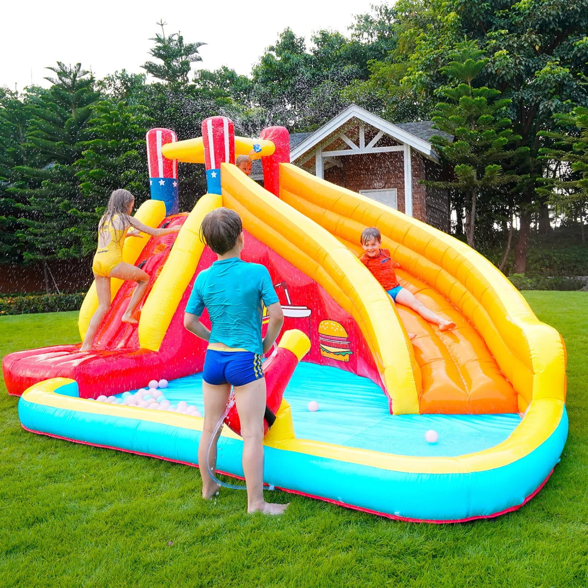 Inflatable Water Slide Splash Toy with Climbing Wall, Splash Pool, Water Cannon, Blower, Sprinkler, Stakes, Repair Patches, Storage Bag I4709