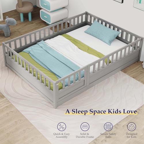Full-White Wood Kids Floor Bed with Safety Guardrails V701
