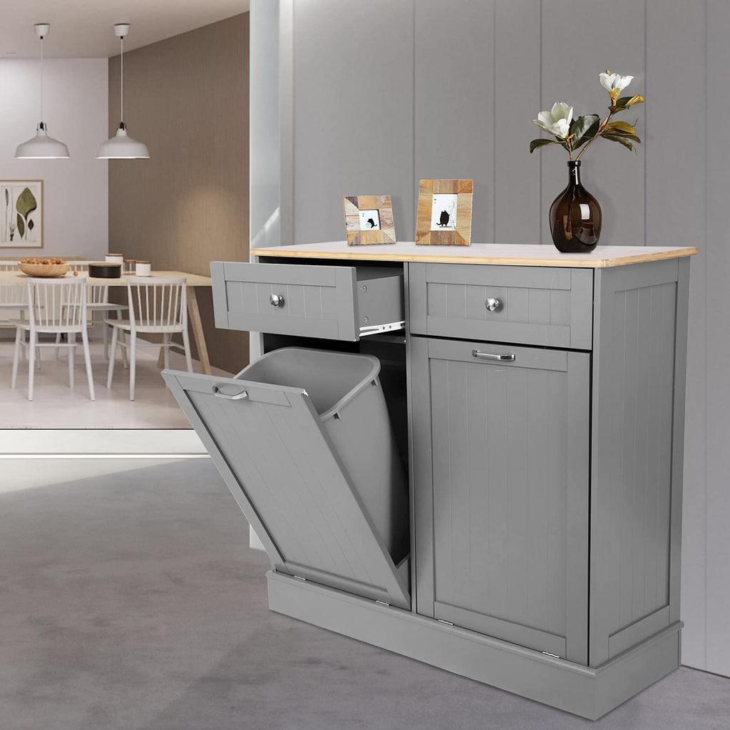 Double Tilt Out Trash Cabinet with Two Wood Drawers, Gray A730
