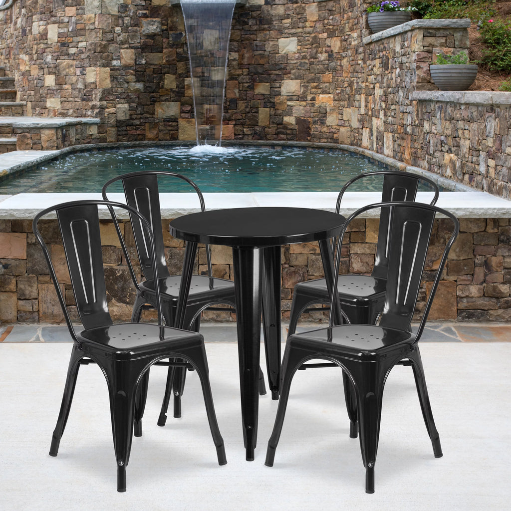 24" Round Black Metal Indoor-Outdoor Table Set with 4 Cafe Chairs V6613