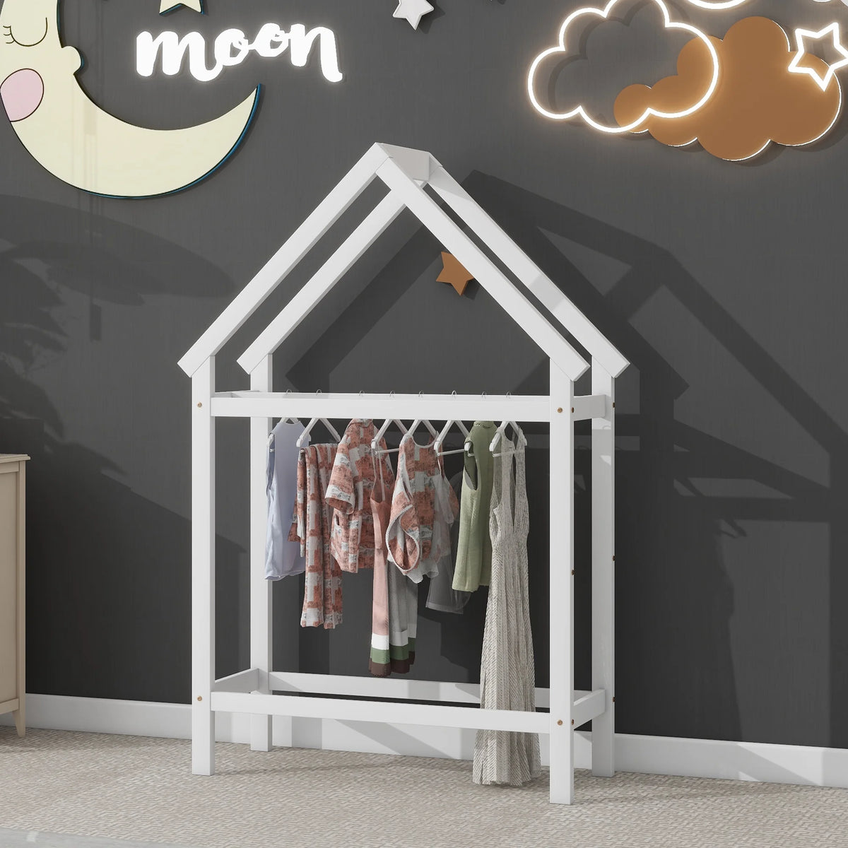 White Solid Wood Twin Floor Bed Frame with Roof and Window D324