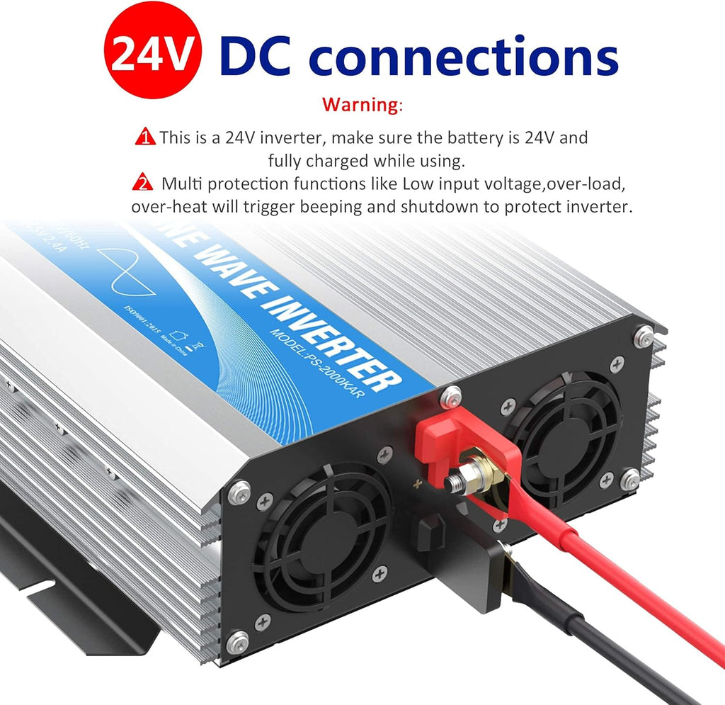 24 Volt 2000W Pure Sine Wave Power Inverter DC 24V to AC120V with Dual AC Outlets Remote Control 2.4A USB LED Display B502450