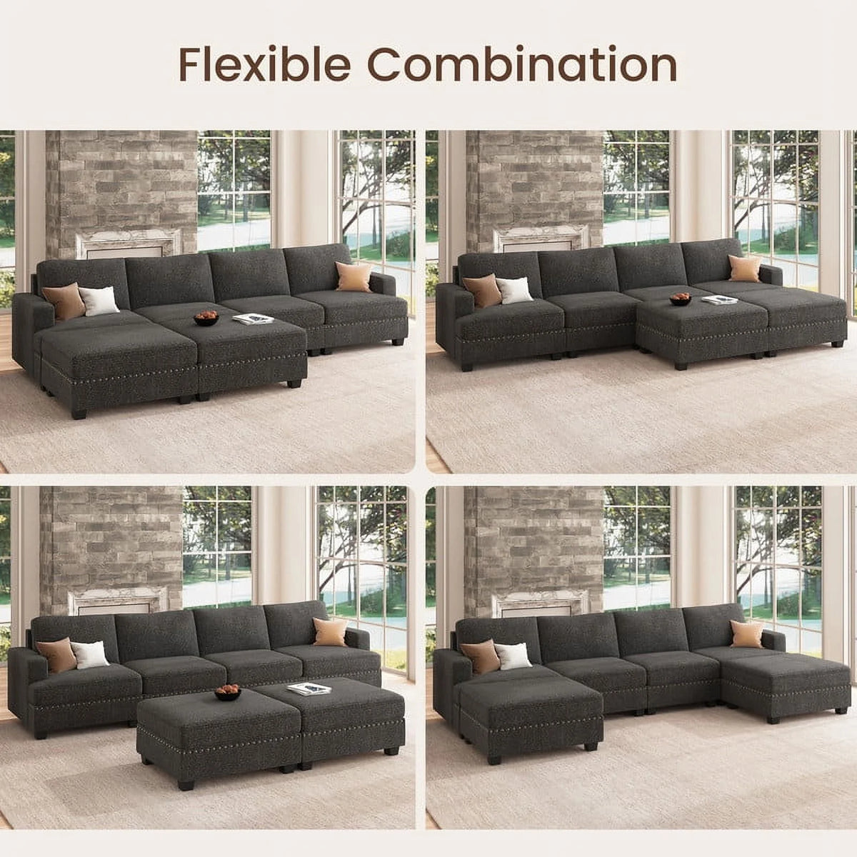 Dark Grey U Shaped Modular Sectional Sofa with Storage Ottoman N4942