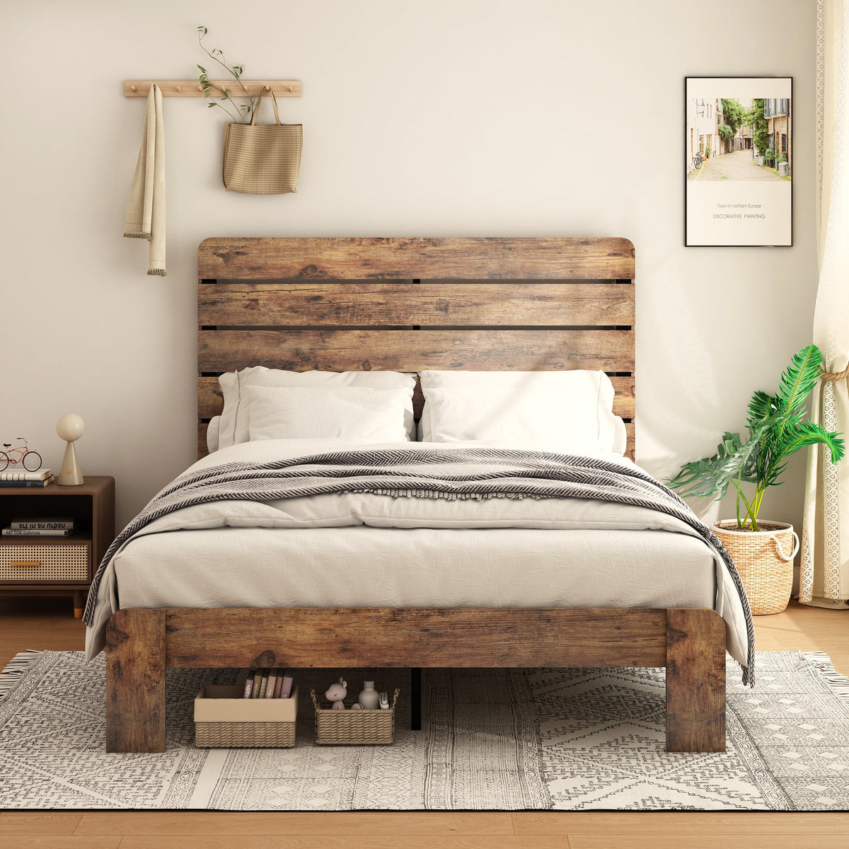 Queen Size Dark Brown Wood Bed Frame with Headboard P941