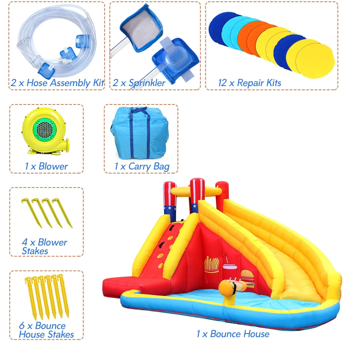 Inflatable Water Slide Splash Toy with Climbing Wall, Splash Pool, Water Cannon, Blower, Sprinkler, Stakes, Repair Patches, Storage Bag I4709
