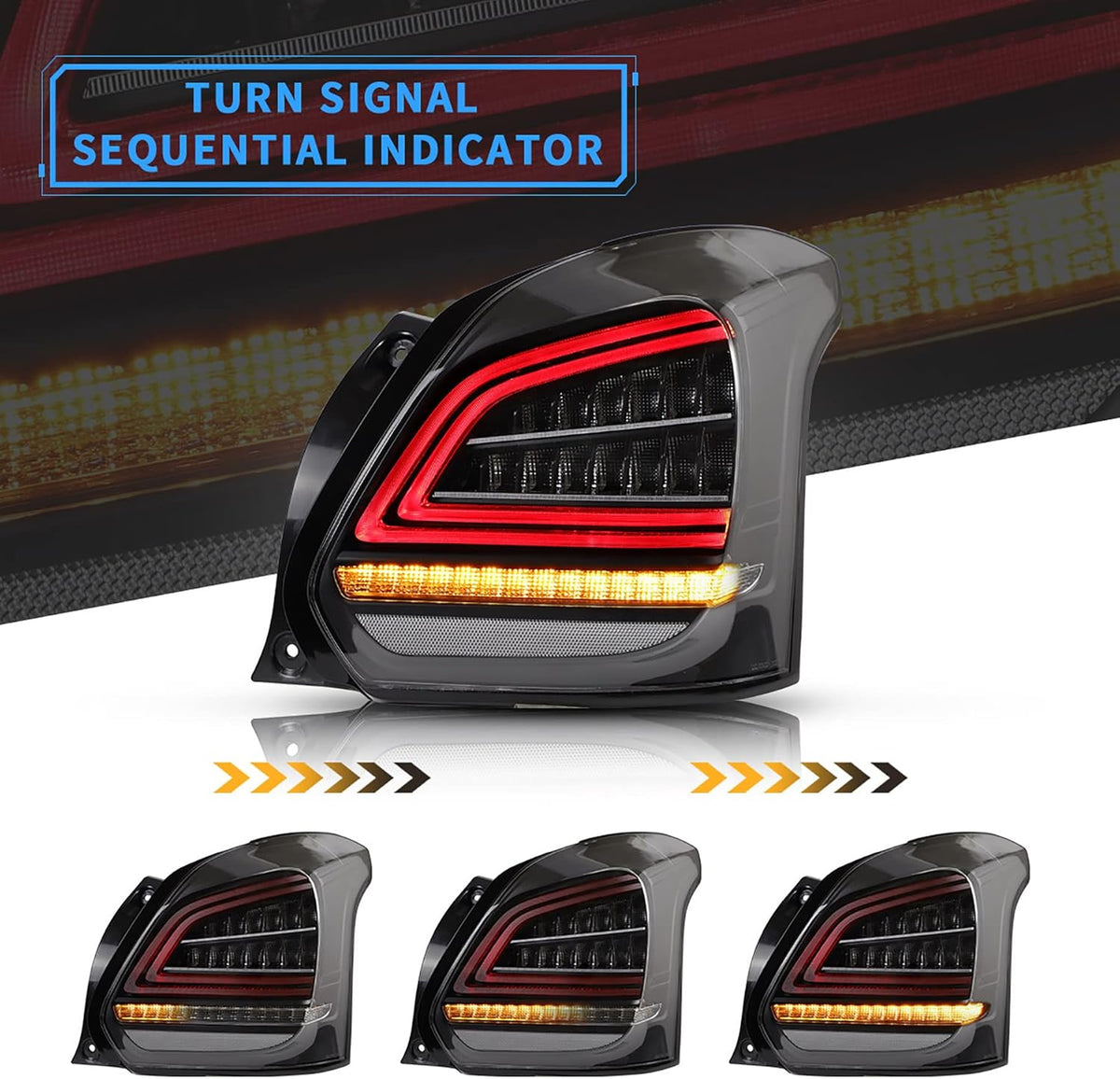 LED Tail Lights for Suzuki Swift 2017-2019, Amber Sequential Turn Signal, Dark Clear K721