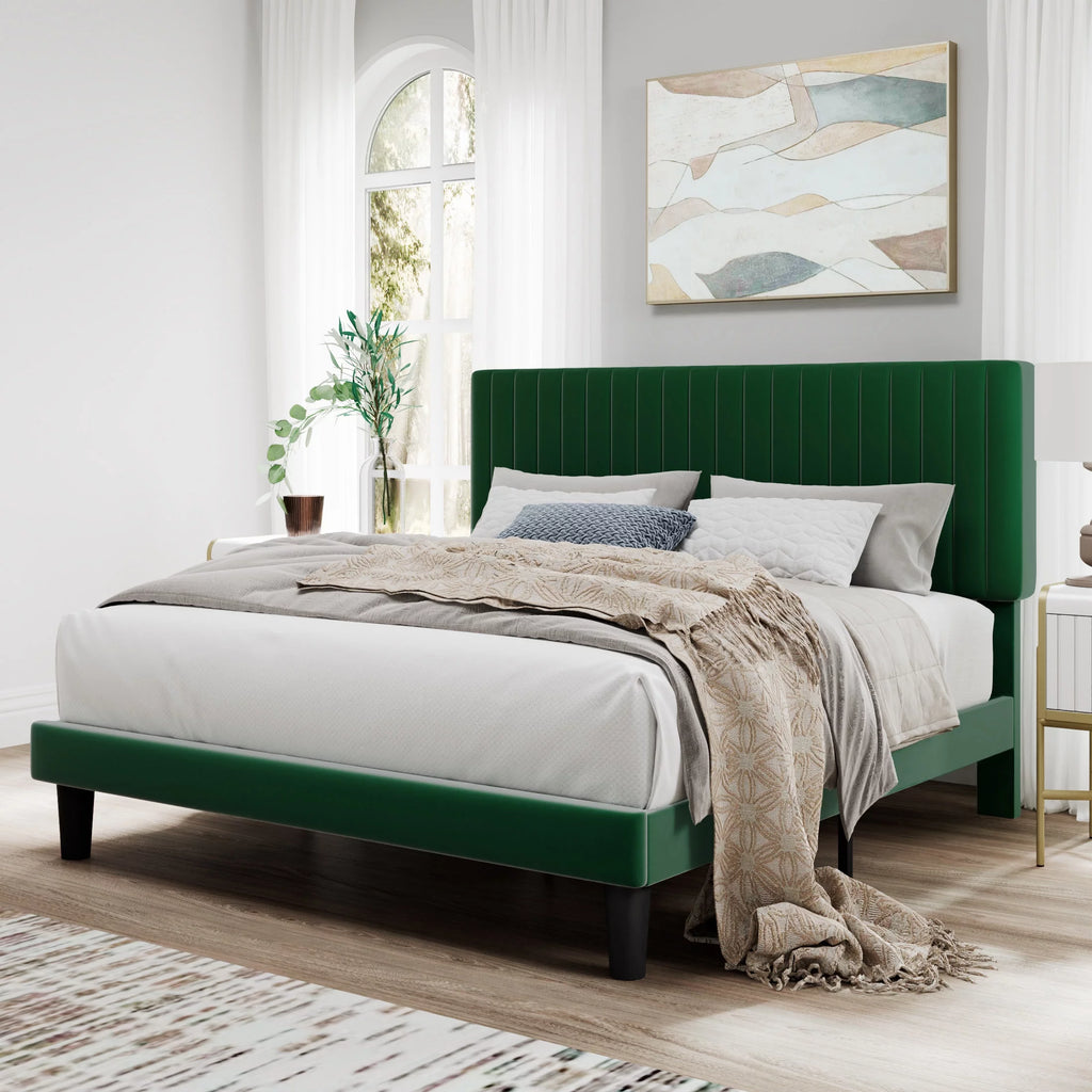 Pink Queen Size Upholstered Platform Bed Frame with Velvet Headboard R8731