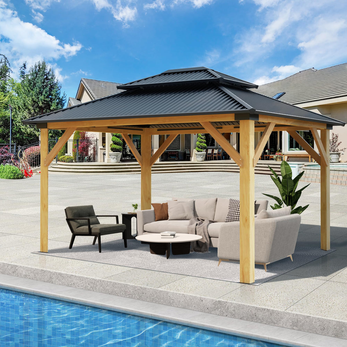11’x13’ Outdoor Wooden Gazebo with Double Vented Roof T67668