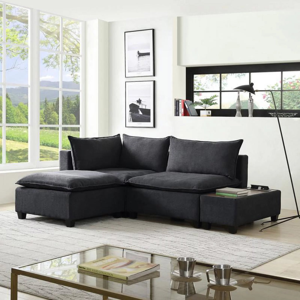Dark Gray Woven Fabric Sectional Loveseat Sofa with Ottoman N896915