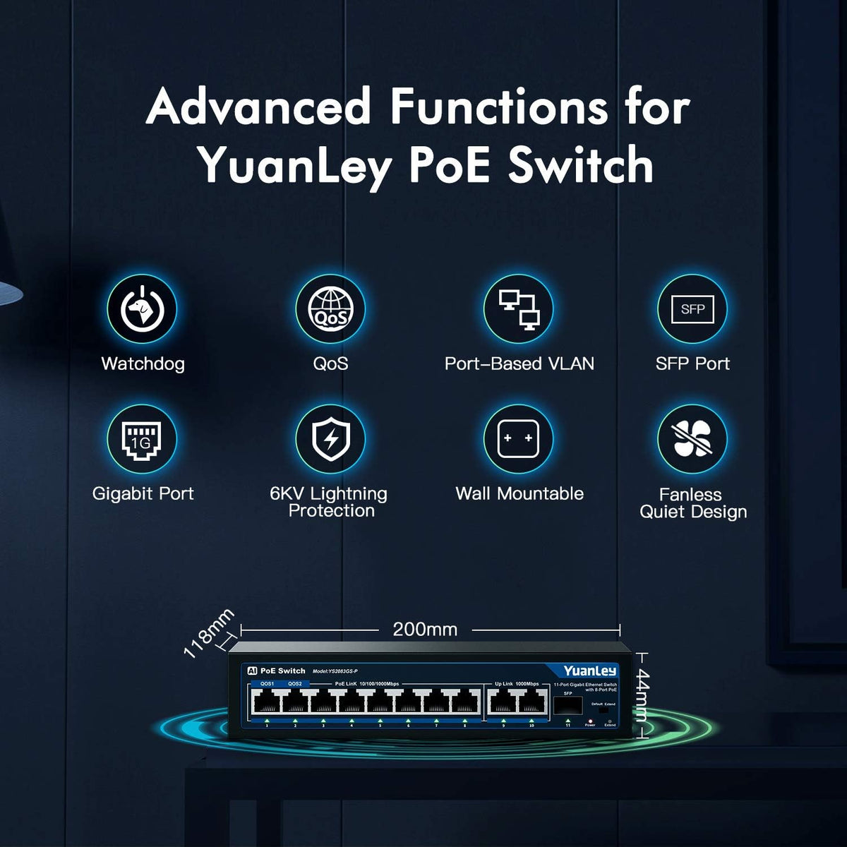 11 Port Gigabit PoE Switch, 8 PoE+ Port 1000Mbps, 2 Gigabit Uplink, 1 SFP Port, 120W, Metal, Unmanaged, Pack of 2 E35586